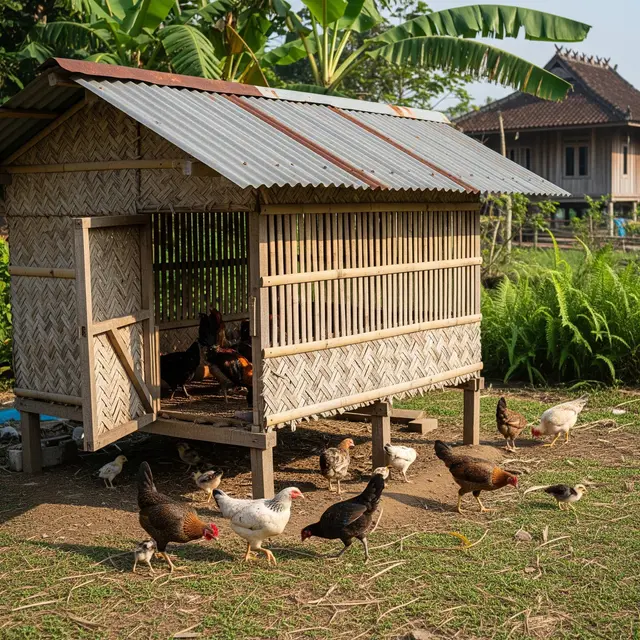 Model Kandang Ayam Umbaran dari Bambu untuk Lahan Sempit