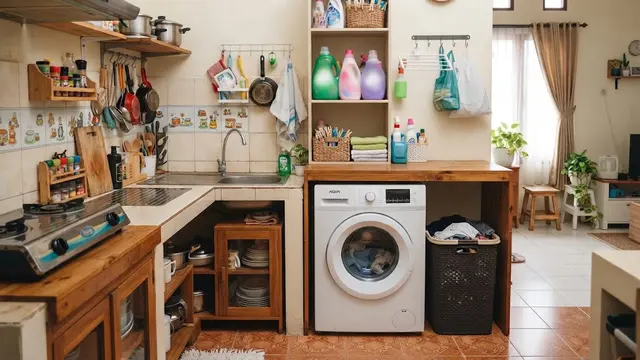 Inspirasi laundry kecil di rumah tanpa banyak renovasi sehingga jadi ruang cuci anti sempit yang menyatu dengan area dapur