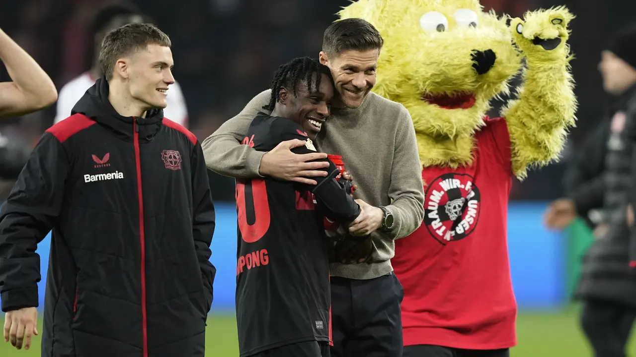 Selebrasi pemain Bayer Leverkusen Jeremie Frimpong. Pemuda 23 tahun itu diincar Manchester United