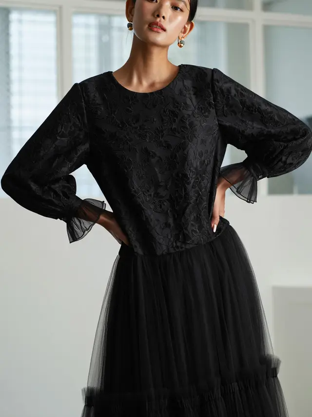 Longdress Kombinasi Brokat Lengan Balon