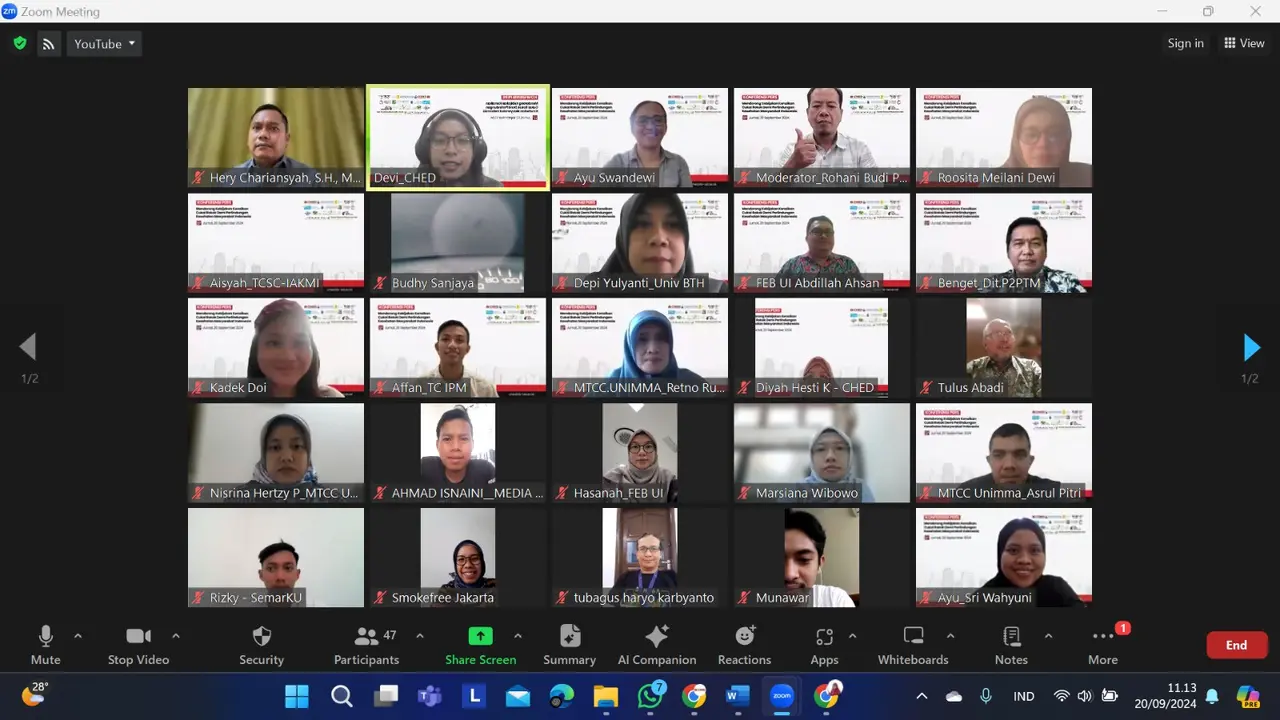 Konferensi pers bertajuk "Mendorong Kebijakan Kenaikan Cukai Rokok demi Perlindungan Kesehatan Masyarakat Indonesia" yang diselenggarakan secara virtual, Jumat (20/9/2024) (Istimewa)