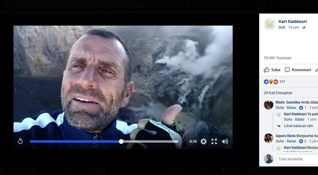 Ada warga asing melalui akun Facebook, Karl Kaddouri, mengunggah video yang memperlihatkan kondisi kawah Gunung Agung. Video diunggah pada Jumat, 6 Oktober 2017. (Capture: Facebook/Karl Kaddouri)