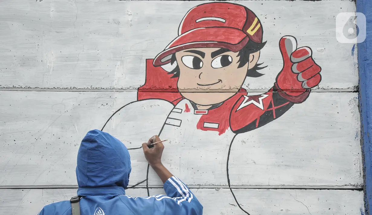 Petugas Penanganan Prasaranan dan Sarana Umum (PPSU) menyelesaikan pembuatan mural di Jalan RE Martadinata, Tanjung Priok, Jakarta Utara, Selasa (24/5/2022). Pembuatan mural di sepanjang Jalan RE Martadinata yang dilakukan oleh petugas PPSU dari 19 kelurahan di Jakarta Utara tersebut dalam rangka menyambut balapan Formula E dan HUT ke-495 Kota Jakarta. (merdeka.com/Iqbal S Nugroho)