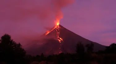 Lava cair mengalir menuruni lereng gunung berapi Mayon saat meletus di Kota Legazpi, Provinsi Albay, tenggara Manila, Filipina, Selasa (30/1). Air mancur lahar Mayon telah mengalir hingga tiga kilometer (1,86 mil). (AP Photo/Bogie Calupitan)