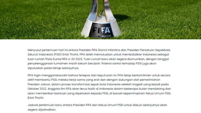 <p>Rilis FIFA terkait pencoretan Indonesia sebagai tuan rumah Piala Dunia U-20 2023</p>