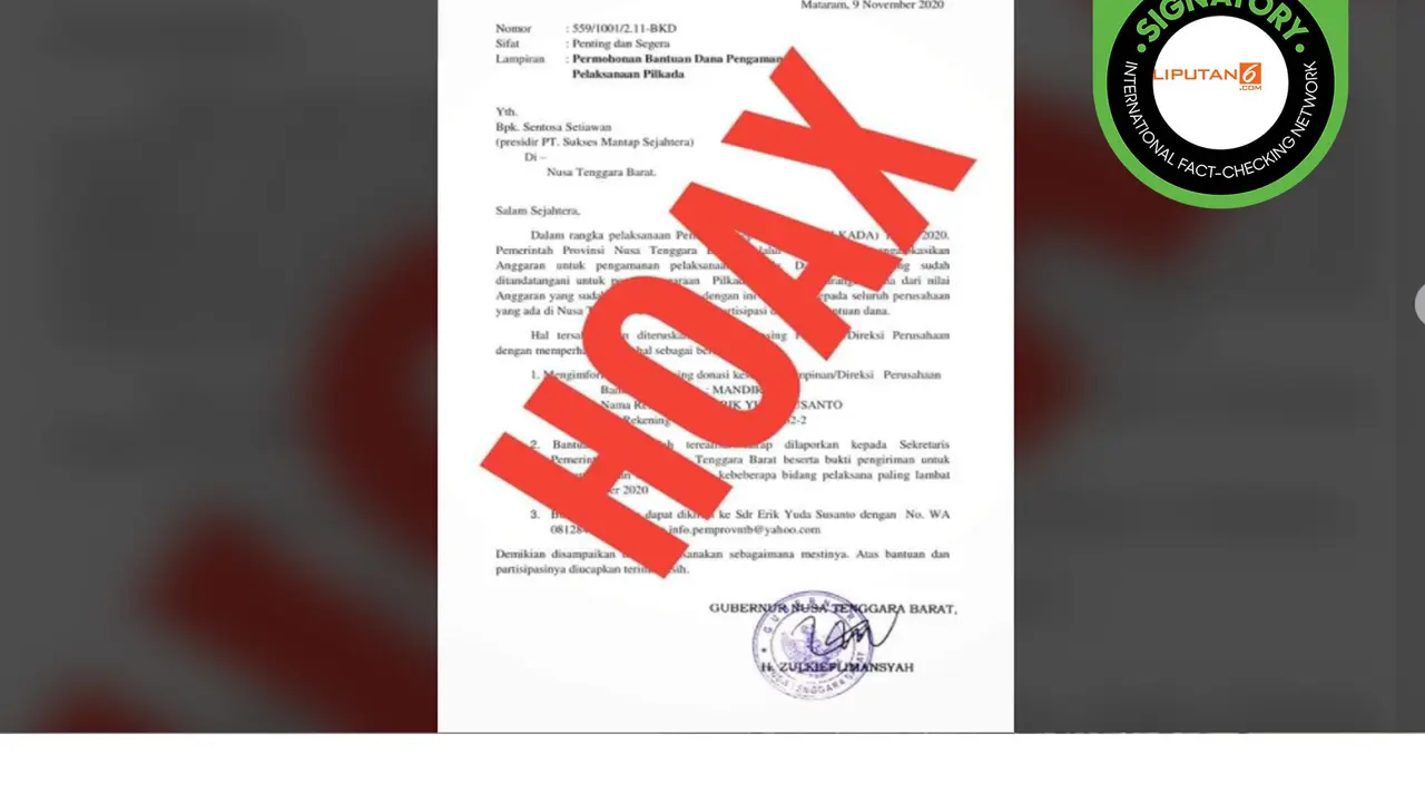 Hoaks Gubernur NTB Minta Bantuan Pengamanan Pelaksanaan Pilkada 2020