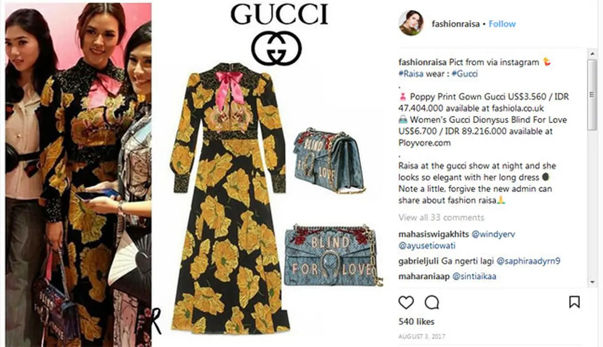 Dari sejumlah dress yang dikoleksi Raisa, ada salah satu yang harganya hampir 50 jutaan. Tepatnya, Rp. 47.404.000. Dan dilihat dari fotonya, Raisa cocok banget memakai floral dress yang satu ini. (Instagram/fashionraisa)