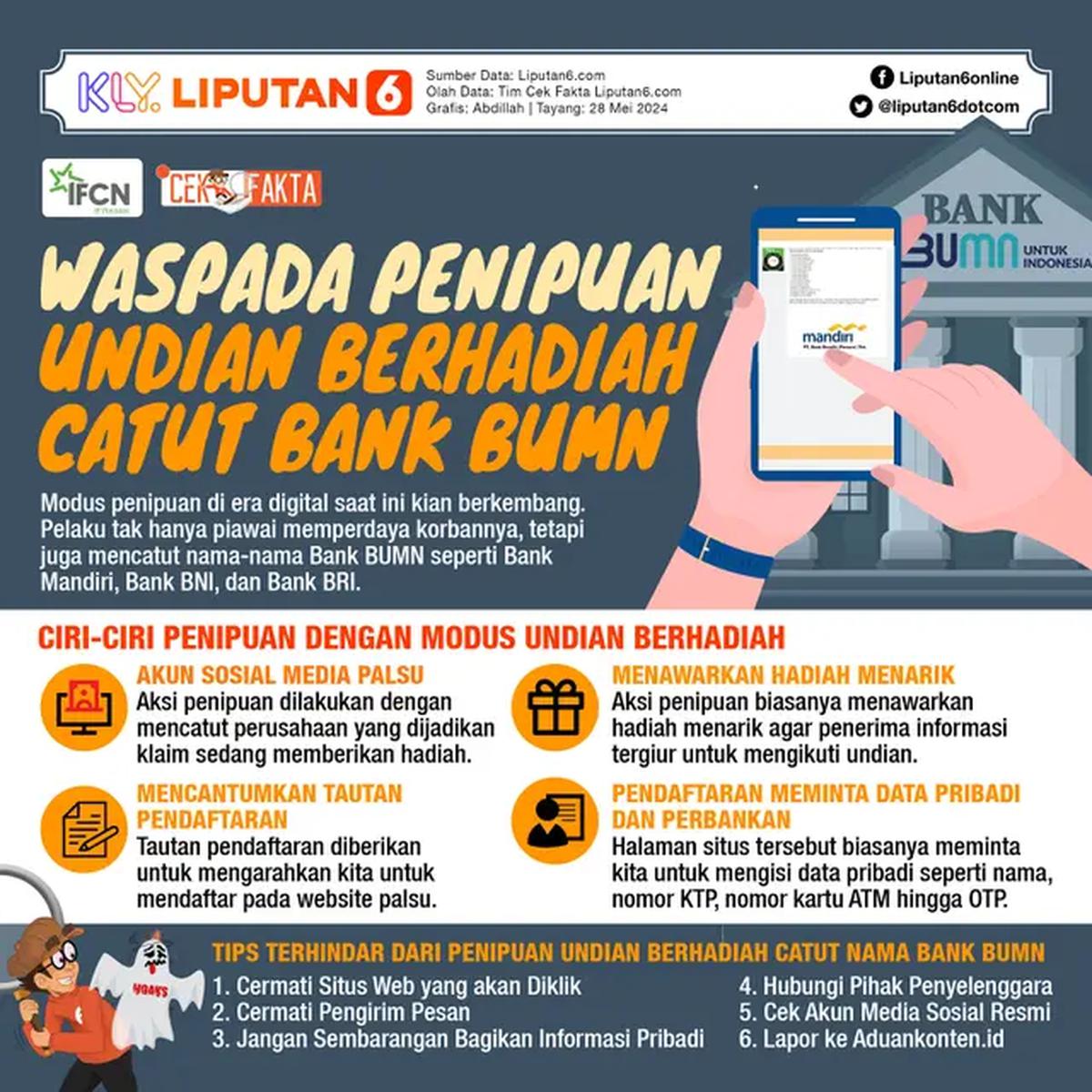INFOGRAFIS CEK FAKTA_Waspada Penipuan Undian Berhadiah Catut Bank BUMN, Kenali Cara Mencegahnya (liputan6.com/Abdillah)