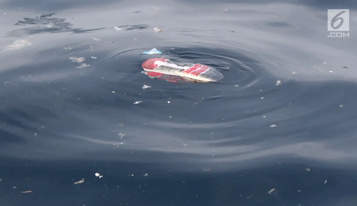 Sepatu mengambang di laut pascajatuhnya pesawat Lion Air JT 610 di laut utara Tanjung Pakis, Jawa Barat, Senin (29/10). Pesawat Lion Air JT 610 dilaporkan hilang sekitar pukul 06.00 WIB. (Liputan6.com/Herman Zakharia)
