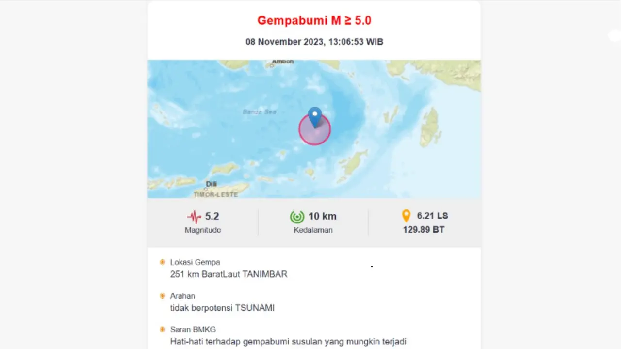 Gempa bumi kembali menggetarkan wilayah Tanimbar, Provinsi Maluku pukul 12:42:41 WIB, pada hari ini, Rabu (8/11/2023).
