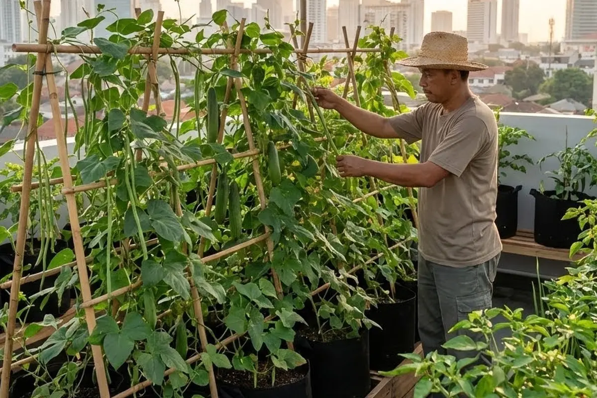 Rooftop Garden Taman Sayur Rambat dengan Paranet (Gemini AI)