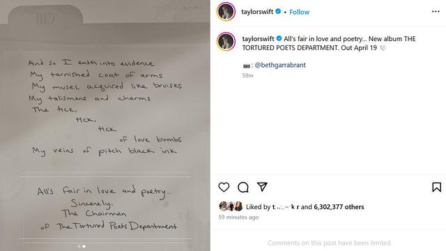Unggahan Taylor Swift tentang album barunya, The Tortured Poets Department. (Instagram/ taylorswift)