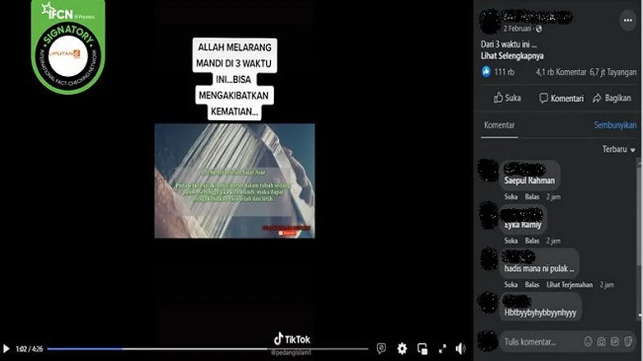 Gambar Tangkapan Layar Klaim Tiga Waktu yang Dilarang Mandi karena Dapat Menyebabkan Kematian Mendadak (sumber: Facebook).