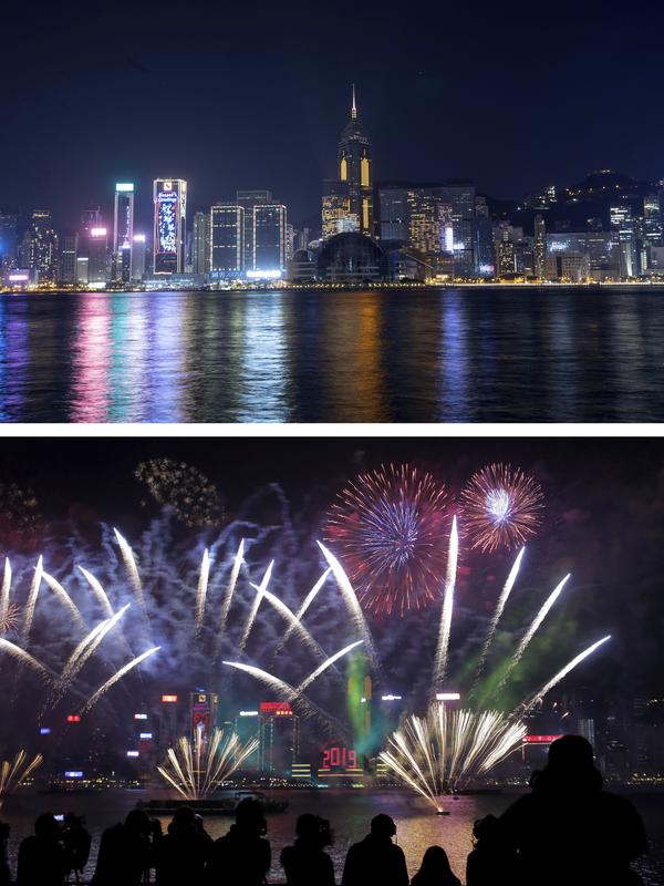 Gambar kombo Pelabuhan Victoria pada Malam Tahun Baru tahun 2021 di Hong Kong, foto teratas diambil pada Kamis, 31 Desember 2020, dan bawah pada hari Selasa, 1 Januari 2019, kembang api meledak di atas Pelabuhan Victoria selama Malam Tahun Baru untuk merayakan awal tahun 2019. (AP Photo/Kin Cheung)