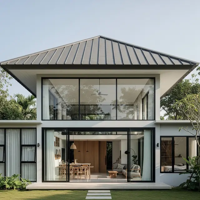 Rumah Minimalis Atap Limasan Modern dengan Bukaan Banyak (Image by Gemini AI)