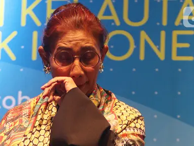 Mantan Menteri Kelautan dan Perikanan, Susi Pudjiastuti saat acara Pisah Sambut Menteri Kelautan dan Perikanan di Kantor KKP, Jakarta, Rabu (23/10/2019). Susi digantikan Edhy Prabowo yang dipilih Presiden Jokowi di Kabinet Indonesia Maju periode 2019-2024. (Liputan6.com/Herman Zakharia)