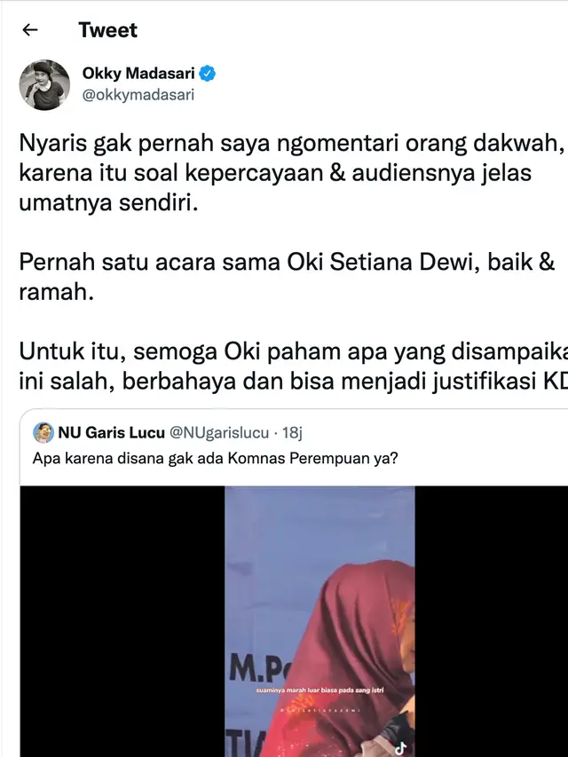 Tanggapan novelis Okky Madasari soal ceramah Oki Setiana Dewi. (Foto: Dok. Twitter @okkymadasari)
