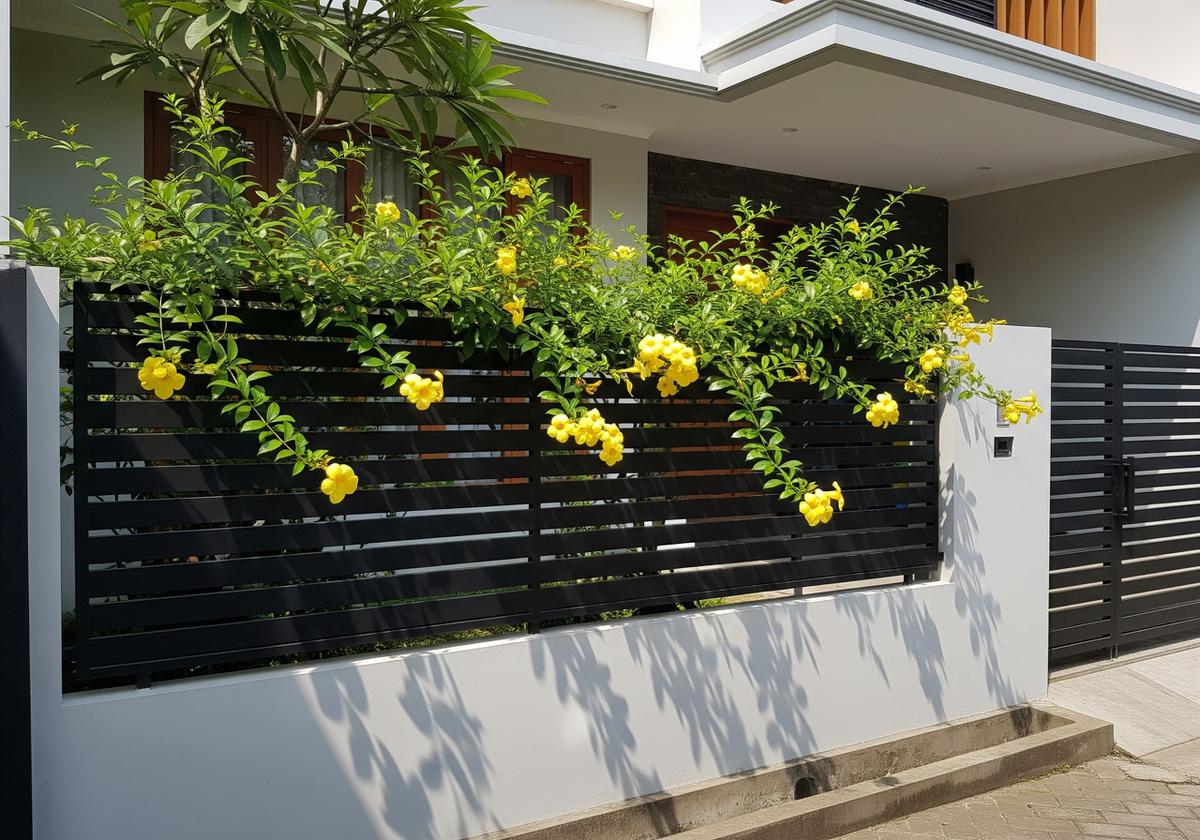 Pagar Besi Horizontal dengan Tanaman Merambat Alamanda