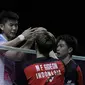 Ganda putra Indonesia, Marcus Gideon / Kevin Sanjaya, berhasil mengalahkan Li Jun Hui / Liu Yu Chen pada Indonesia Open 2019 di Istora Senayan, Sabtu (20/7). Marcus / Kevin menang 21-9 dan 21-13. (Bola.com/Vitalis Yogi Trisna)