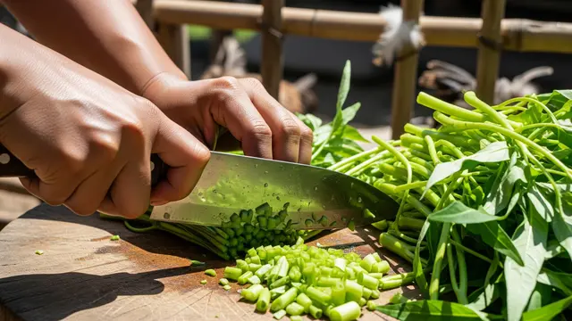 Mencacah Kangkung untuk Pakan Ternak Ayam