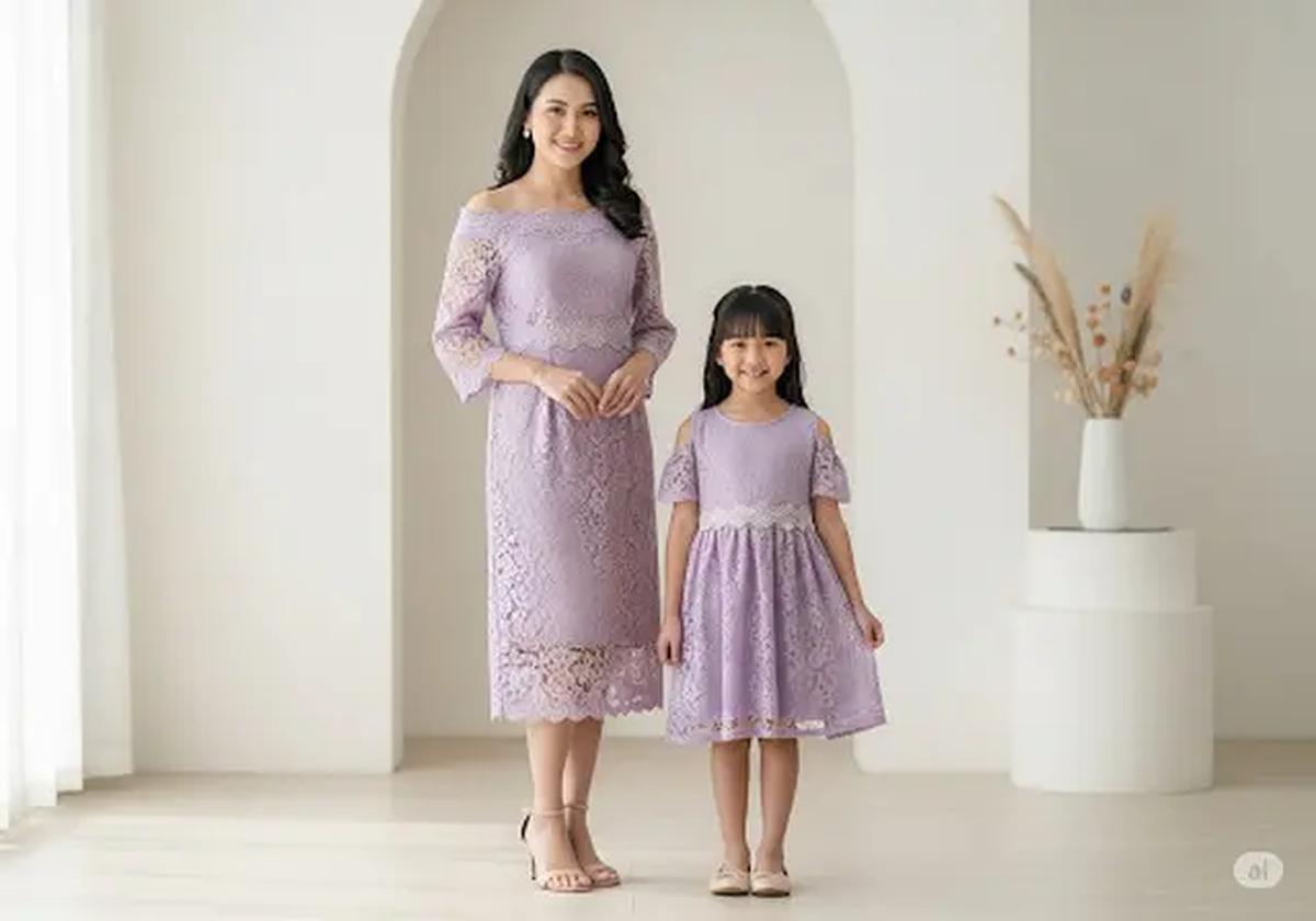 Dress Brokat Modern Off-Shoulder/Baju Brokat Anak Kembaran dengan Ibu untuk Pesta (Sumber: gemini.com)