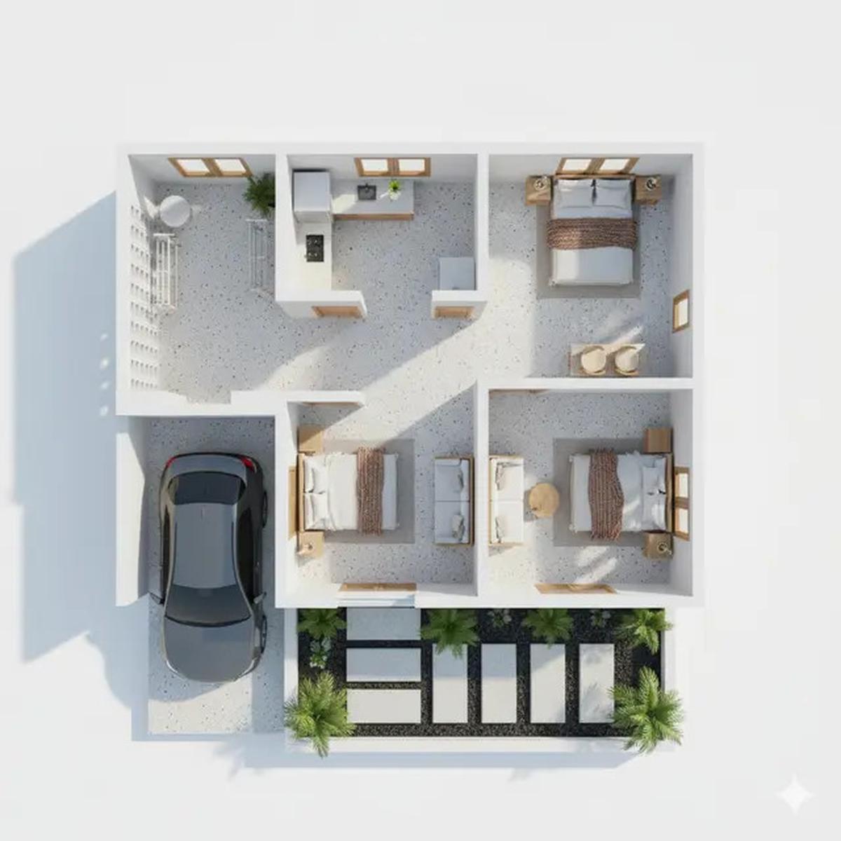10 Denah Rumah Tipe 36 dengan Carport dan Taman Depan, Minimalis Modern