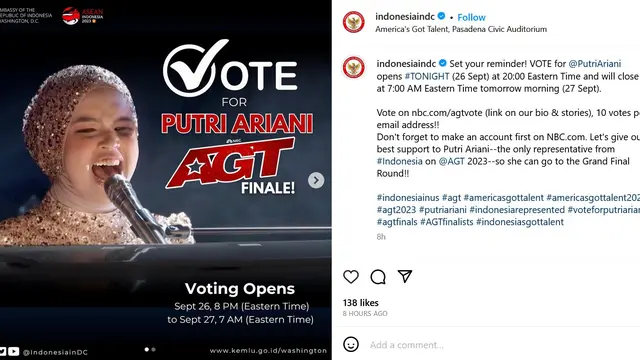 Unggahan akun Instagram Kedubes RI di Amerika. (Instagram/ indonesiaindc)