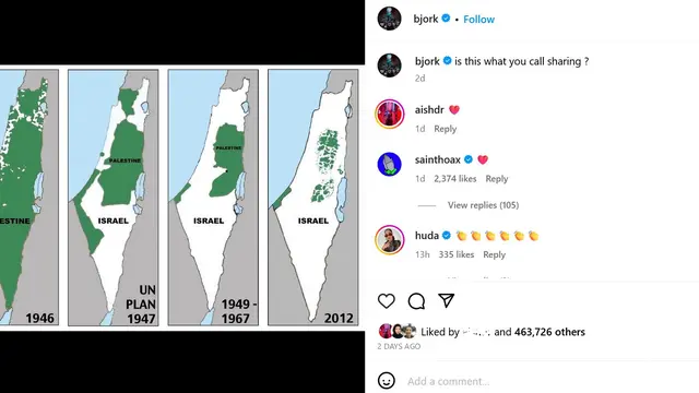 Unggahan Bjork soal Palestina. (Instagram/ bjork)