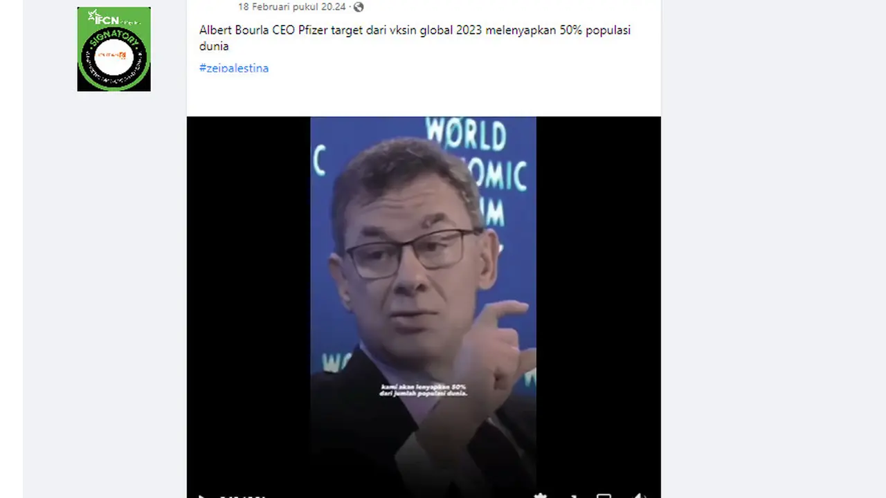 Tangkapan layar klaim CEO Pfizer Albert Bourla menargetkan vaksin melenyapkan 50 persen populasi dunia pada 2023