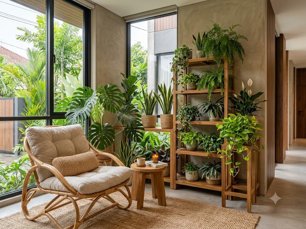 Pojok Hijau dengan Tanaman Indoor