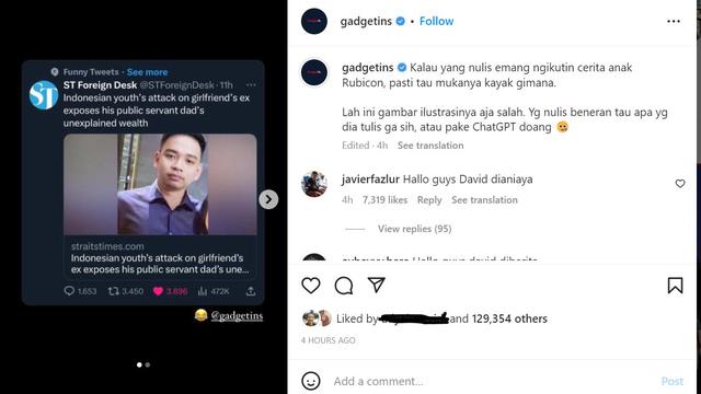 Reaksi David Gadgetin soal salah foto kasus Mario Dandy. (Tangkapan layar Instagram/ gadgetins)