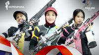 Bertanding di Shooting Range, Sports Authority of Thailand, Bangkok, Sabtu (13/12/2025), tim Indonesia yang diperkuat Dwi Laila, Yasmin Figlia, dan Dominique Rachmawati berhasil menjadi yang terbaik dan berhak atas medali emas cabang olahraga menembak nomor Women’s 10 M Air Rifle Team. (dok. Kemenpora)