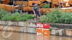 Seorang pria menunjuk batas ketinggian air di sungai dekat pintu air Manggarai (Liputan6.com/Johan Tallo).
