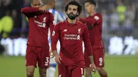 Mohamed Salah mencetak gol kemenangan Liverpool atas Huddersfield Town pada pekan kesembilan Liga Inggris 2018-19, Sabtu (20/10/2018). (Richard Sellers/PA via AP)