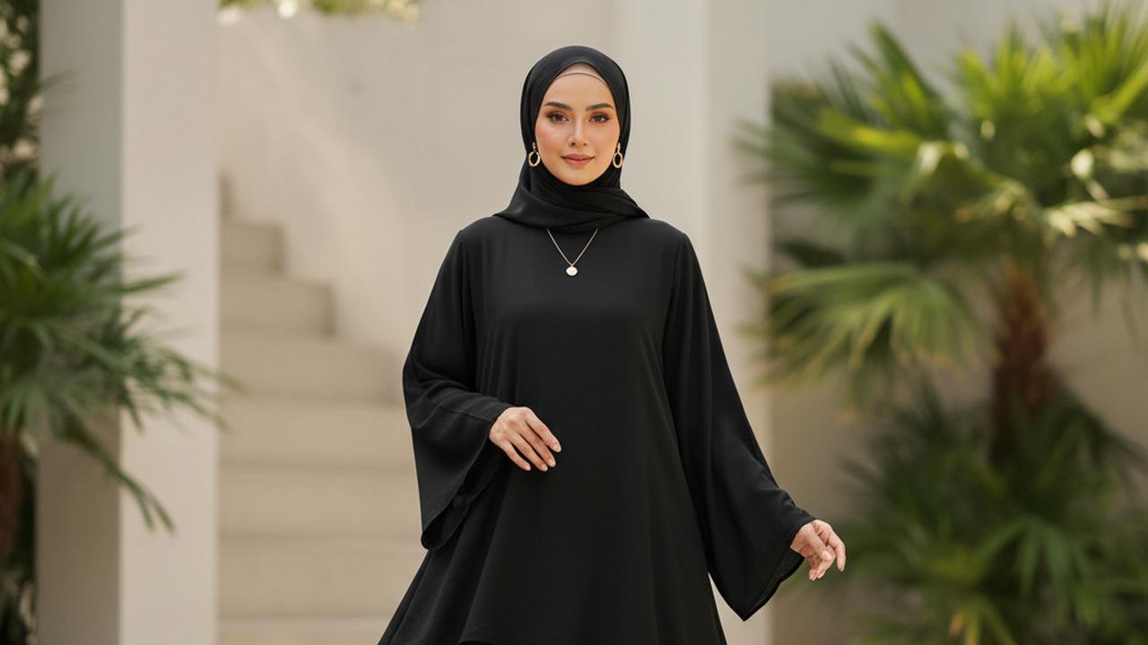 Ilustrasi Gamis Abaya Hitam Polos dengan Potongan Layer