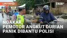 Media sosial dibuat geli oleh video viral saat banjir menerjang sebuah jalan. Awalnya sejumlah polisi membantu para pengendara yang hendak menembus banjir. Namun seorang pemotor yang mengangkut durian mencuri perhatian karena panik.