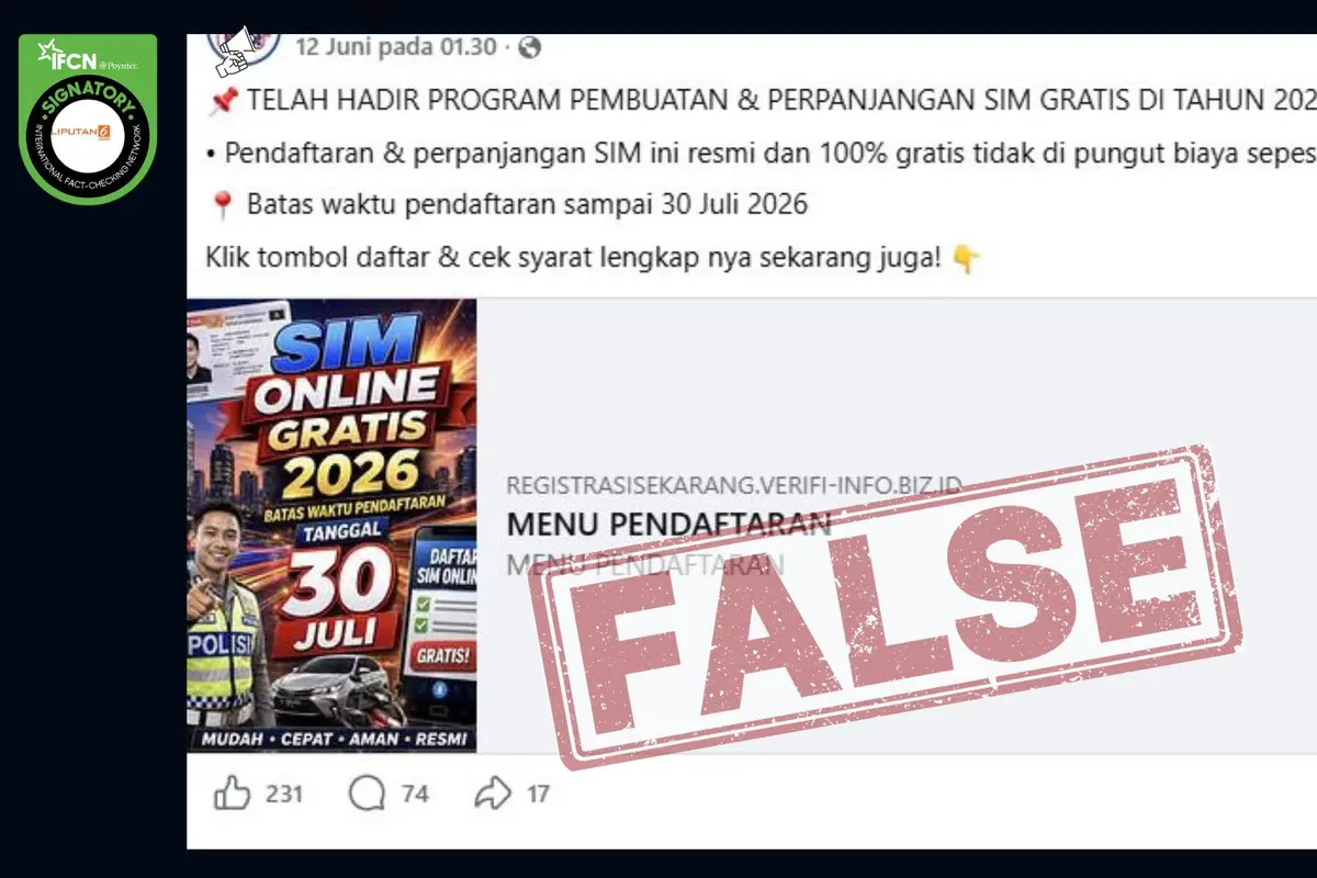 Cek Fakta Liputan6.com menangkap layar klaim link pendaftaran program pembuatan dan perpanjangan SIM gratis sampai 30 Juli 2026.