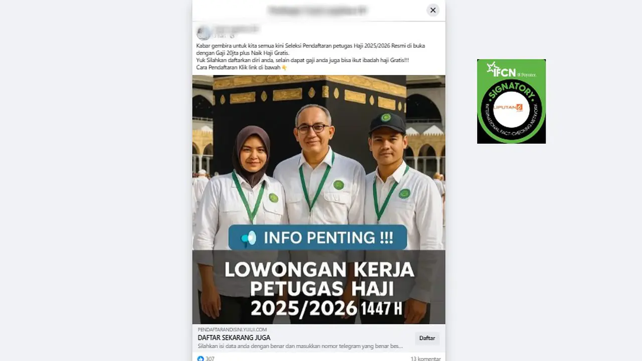 Tangkapan layar klaim tautan pendaftaran petugas haji 2025/2026 yang beredar di Facebook.