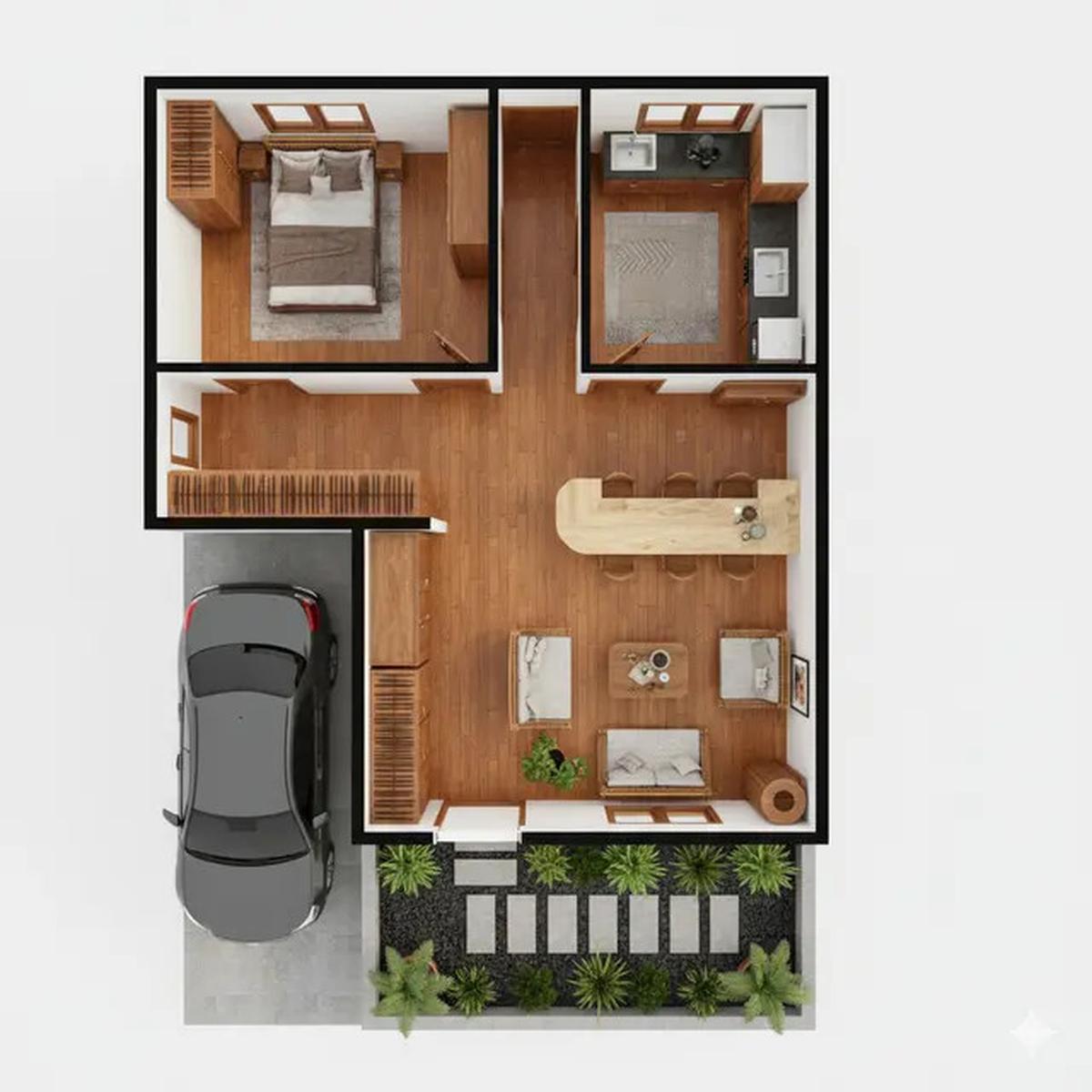 10 Denah Rumah Tipe 36 dengan Carport dan Taman Depan, Minimalis Modern