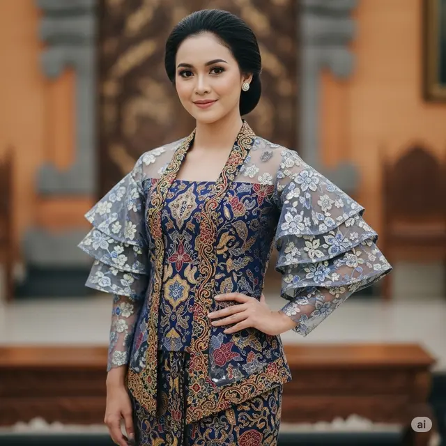 Model Long Dress Batik Brokat dengan Outer Transparan (Image by Gemini AI)