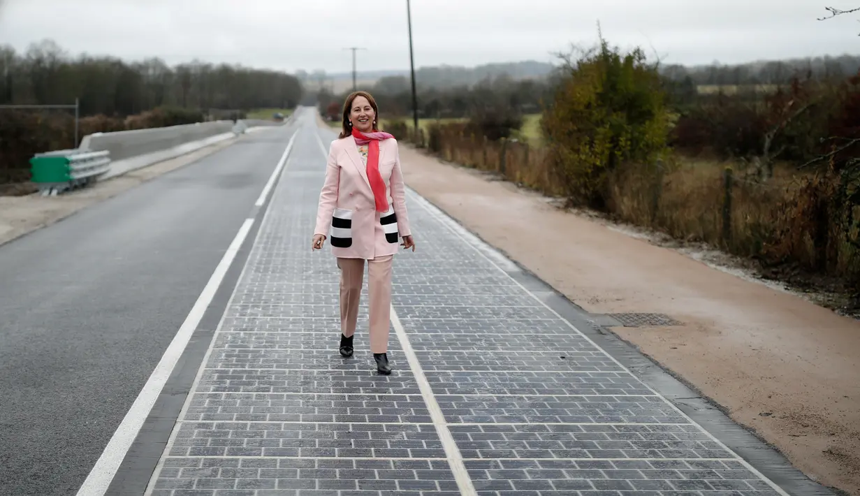 Menteri Ekologi, Pembangunan Berkelanjutan, dan Energi Prancis, Segolene Royal berdiri di jalan raya dengan panel surya saat peresmian di Tourouvre, Normandia (22/12). (Reuters/Benoit Tessier)