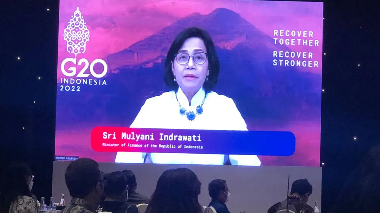 Menteri Keuangan (Menkeu) Sri Mulyani Indrawati  dalam acara Konferensi Integrity and Compliance Task Force B20: Fostering Agility to Combat Money Laundering and Economic Crimes, Rabu (28/9/2022).