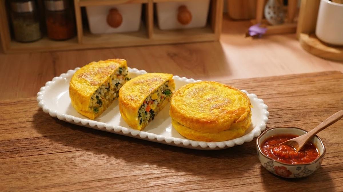 Penyajian Telur Dadar Isi Nasi dan Rumput Laut