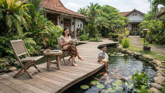 Model Dek Kayu Mini di Atas Kolam, Solusi Cantik untuk Ruang Santai Outdoor Desain Memanjang Mengikuti Area Kolam