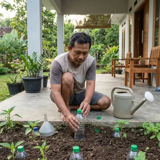 Menanam botol plastik ke dalam tanah (Gemini AI)