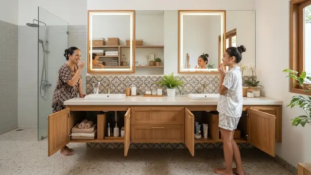 Ide Desain Meja Rias Kamar Mandi Model Wastafel Ganda untuk Kamar Mandi Keluarga