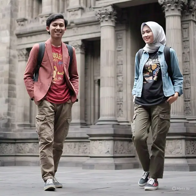 Outfit Kasual dengan Kaos Graphic dan Celana Cargo/Gambar Via Meta AI