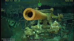 Reruntuhan bangkai kapal induk Amerika Serikat, USS Lexington, dari era Perang Dunia II di dasar Laut Coral, Australia, Minggu (4/3). Kapal yang dijuluki "Lady Lex" ini adalah salah satu kapal induk AS pertama yang pernah dibangun. (STR/PAUL G. ALLEN/AFP)