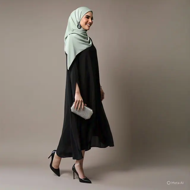 Dress Hitam Cape Style dengan Hijab Hijau Sage