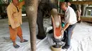 Insinyur Boonyu Thippaya dibantu beberapa pekerjanya memakaikan kaki prostetik (palsu) untuk gajah Motola di Friends of the Asian Elephant Foundation di Lampang, Thailand, (29/6). (REUTERS/Athit Perawongmetha)